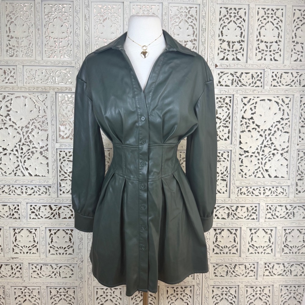 7 For All Man Kind Faux Leather Green Button‎ Jacket Sz XS Vegan Twee Pleather